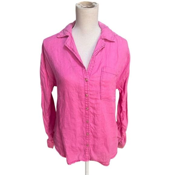 Maeve Anthropologie Linen Pink Ruched Sleeve Button Down Shirt S - Picture 4 of 8